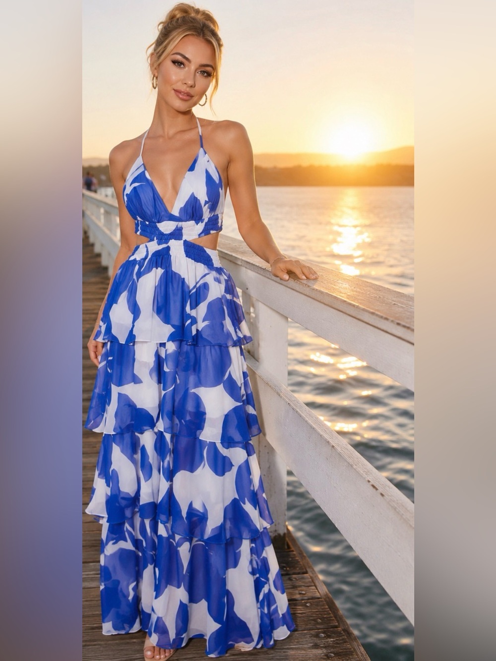 Express Blue & White Ruffle Tiered Maxi Dress – Size 2